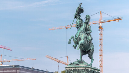 Statue rider Erzherzog Karl on horseback with flag in hand timelapse. Heldenplatz. Vienna