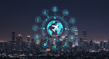 Digital illustration of an airplane over a cityscape, surrounded by glowing icons representing global travel & services