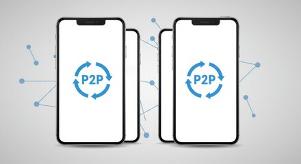 Digital illustration of smartphones displaying a "P2P" icon, indicating peer-to-peer technology. The devices are interconnected