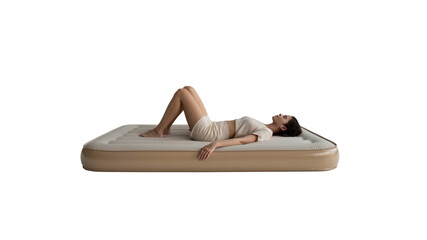 Relaxed Woman Lying on a Beige Inflatable Air Mattress