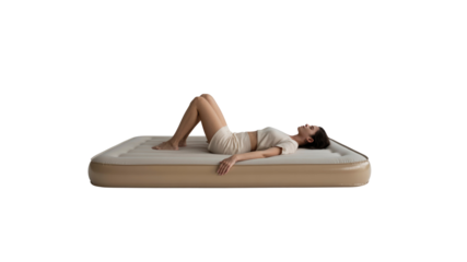Relaxed Woman Lying on a Beige Inflatable Air Mattress