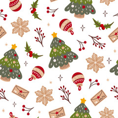 Seamless retro Christmas pattern with gingerbread, Christmas tree, snow, toys.