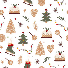 Seamless retro Christmas pattern with gingerbread, Christmas tree, snow, toys.