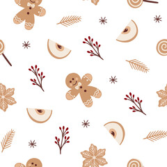 Seamless retro Christmas pattern with gingerbread, Christmas tree, snow, toys.