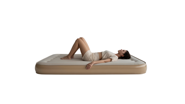 Relaxed Woman Lying on a Beige Inflatable Air Mattress