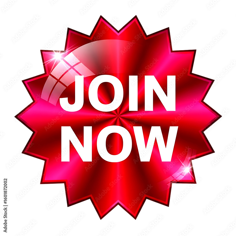 Poster red starburst badge with white text saying j o i n o w isolated on a transparent background shiny me