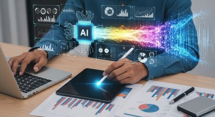 Person interacting with ai data visualization and analytics on a digital interface