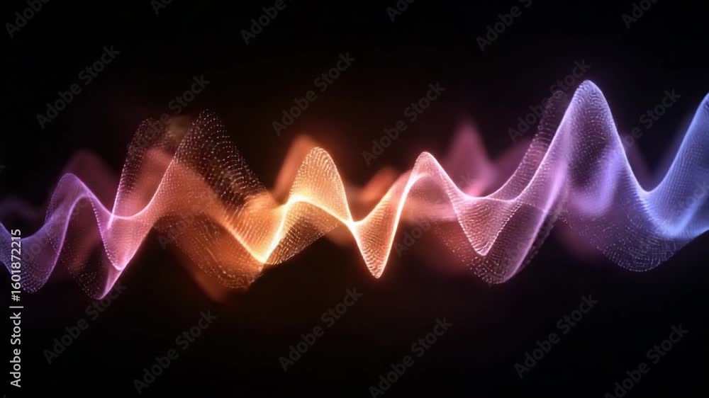Poster vibrant waves: an abstract visualization of colorful, dynamic waves pulsating against a dark backdro