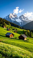 Alpine village nestled in a grassy valley