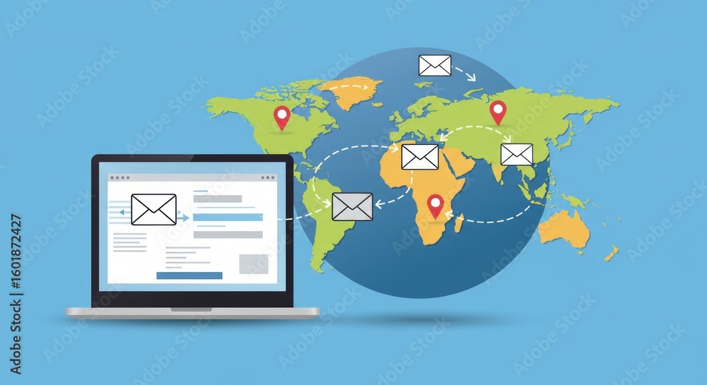 Poster digital laptop displaying email interface. world map indicates global message transfer with location