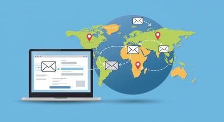 Digital laptop displaying email interface. World map indicates global message transfer with location markers