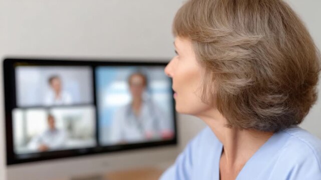 Teleconference: A professional woman attends a teleconference, the screen displays four individuals engaged in a collaborative discussion, reflecting modern communication methods and teamwork.