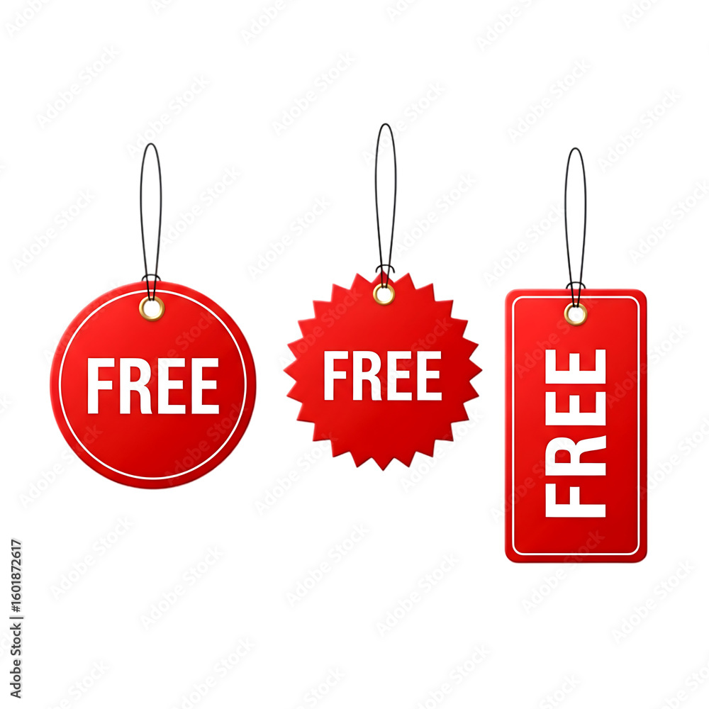 Poster three red tags with the word f r e in white text isolated on a transparent background free sale