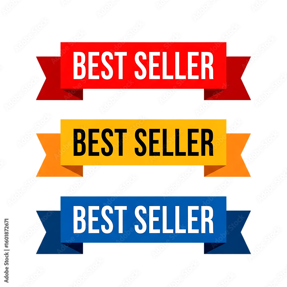 Poster three ribbons with text b e s t s e l e r in red yellow and blue isolated on a transparent backgroun