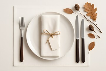 White plate with napkin fork and knives on placemat