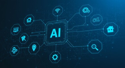 Digital rendering depicting "AI" central hub connected to icons representing tech functions. Blue, futuristic aesthetic