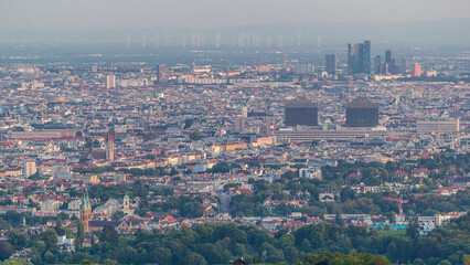 Skyline of Vienna from Danube Viewpoint Leopoldsberg aerial timelapse.