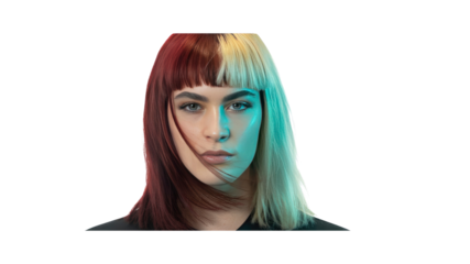 Striking Portrait of a Young Woman with Two-Tone Hair, Red and Blonde, in Moody Teal Lighting