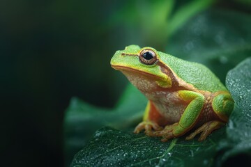 Obraz premium Green tree frog on a natural backdrop Focused view
