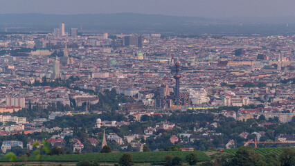Skyline of Vienna from Danube Viewpoint Leopoldsberg aerial day to night timelapse.