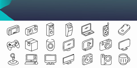 Collection of isometric outline icons representing various electronic devices and technology