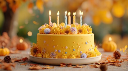 A vibrant yellow cake adorned with autumn flowers and lit candles, set against a blurred fall foliage background.