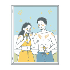 A young couple in bathrobes performing their daily skincare routine. Man and woman applying facial products together. Vector illustration.