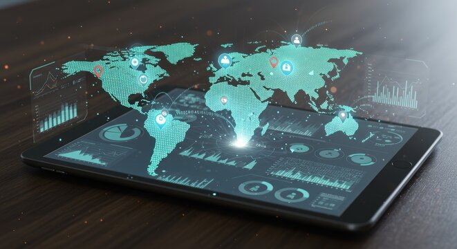 Digital world map & graphs on tablet display, wood table