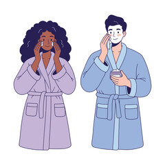 A diverse couple in bathrobes applying facial cream and serum. Vector illustration of a man and woman doing their skincare routine together.
