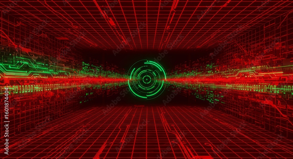 Poster digital tunnel with red and green grid lines, glowing circular interface