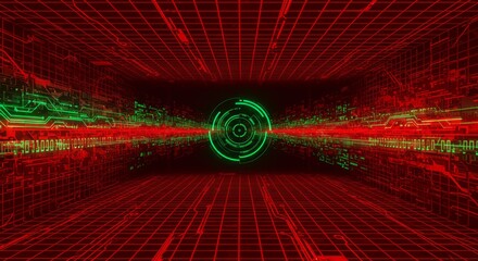 Digital tunnel with red and green grid lines, glowing circular interface