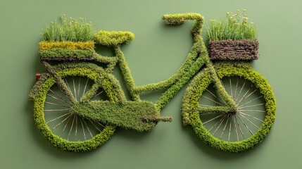 A bicycle shape made of green grass and plants against a green background, symbolizing eco-friendly transportation and creativity.