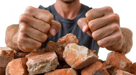 Close-up of fists clenching over rubble
