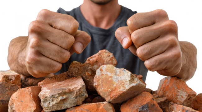 Close-up of fists clenching over rubble