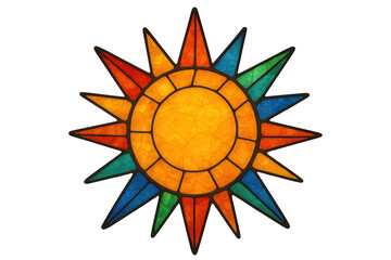 Vivid stained glass sunburst radiating colorful light waves, showcasing translucent design with artistic luminosity and decorative glass craftsmanship
