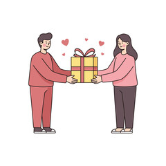 A young couple showing affection and care by giving a surprise present. A flat character illustration of a man and woman celebrating.