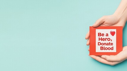 Hands Holding a Red Sign with a Message to Encourage Blood Donation and Heroism in Healthcare