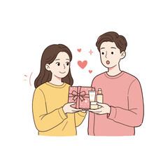 A thoughtful woman gives a skincare cosmetics gift set to her surprised boyfriend. A cute couple illustration about love and self-care.