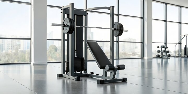 Modern Gym Interior Featuring Professional Smith Machine and City View