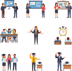 Fototapeta premium Illustrations of teachers, students, and graduation scenarios on a white background