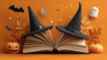 Open book with witch hats, pumpkins, bats, and ghost on an orange background, evoking a Halloween theme.
