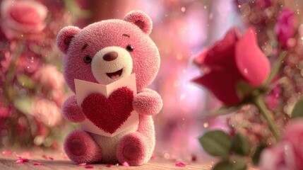 Fototapeta premium A cute pink teddy bear holding a heart card sits among roses, creating a romantic and whimsical atmosphere with soft lighting and bokeh effects.