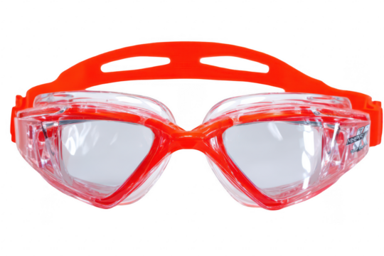Red swimming goggles, clear lenses