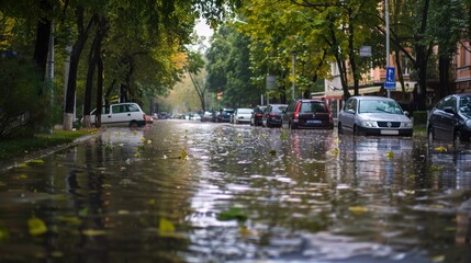 Obraz premium Atmospheric Scenes of Streets after Heavy Rain: Glistening Pavements, Reflections of Neon Lights, Wet Storefronts, and Misty Alleyways with Fresh Raindrops, Puddles, and Post-Storm Serenity for Urban 