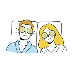 Skincare couple relaxing with cucumber slices on their eyes during a spa day. Man and woman in bathrobes enjoying a wellness treatment together.