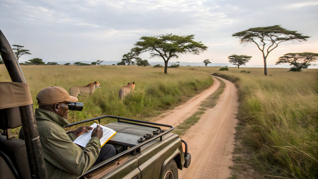 Fototapeta Wildlife researcher observes lions in African savanna from safari vehicle, documenting findings