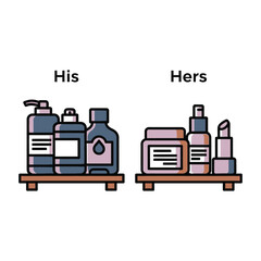 Skincare routine comparison for a couple. His and hers cosmetic and grooming products organized on separate bathroom shelves vector.