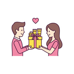 A smiling man presents a gift box filled with various skincare products to a happy woman. A cute vector illustration about love and giving.