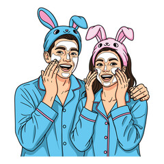 A couple enjoying a skincare routine together. A man gently massages a woman's face with a beauty roller for a relaxing treatment.