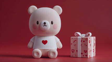Obraz premium Cute teddy bear with heart shirt sits beside a heart-patterned gift box on a red background, evoking a sense of love and celebration.